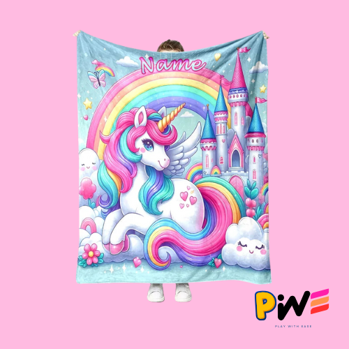Personalized Unicorn Name Blanket – Custom Cartoon Unicorn Print, Soft Fleece Throw for Kids &amp; Adults, Cozy Customized Name Gift