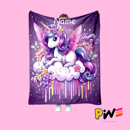 Personalized Unicorn Name Blanket – Custom Cartoon Unicorn Print, Soft Fleece Throw for Kids &amp; Adults, Cozy Customized Name Gift