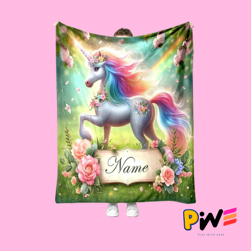 Personalized Unicorn Name Blanket – Custom Cartoon Unicorn Print, Soft Fleece Throw for Kids &amp; Adults, Cozy Customized Name Gift