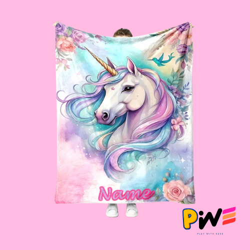 Personalized Unicorn Name Blanket – Custom Cartoon Unicorn Print, Soft Fleece Throw for Kids &amp; Adults, Cozy Customized Name Gift