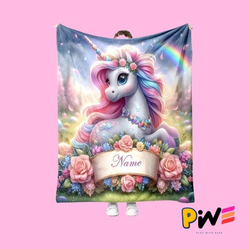 Personalized Unicorn Name Blanket – Custom Cartoon Unicorn Print, Soft Fleece Throw for Kids &amp; Adults, Cozy Customized Name Gift