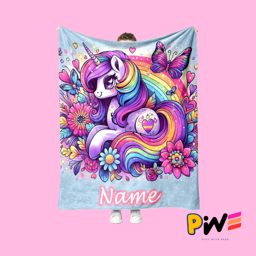 Personalized Unicorn Name Blanket – Custom Cartoon Unicorn Print, Soft Fleece Throw for Kids &amp; Adults, Cozy Customized Name Gift