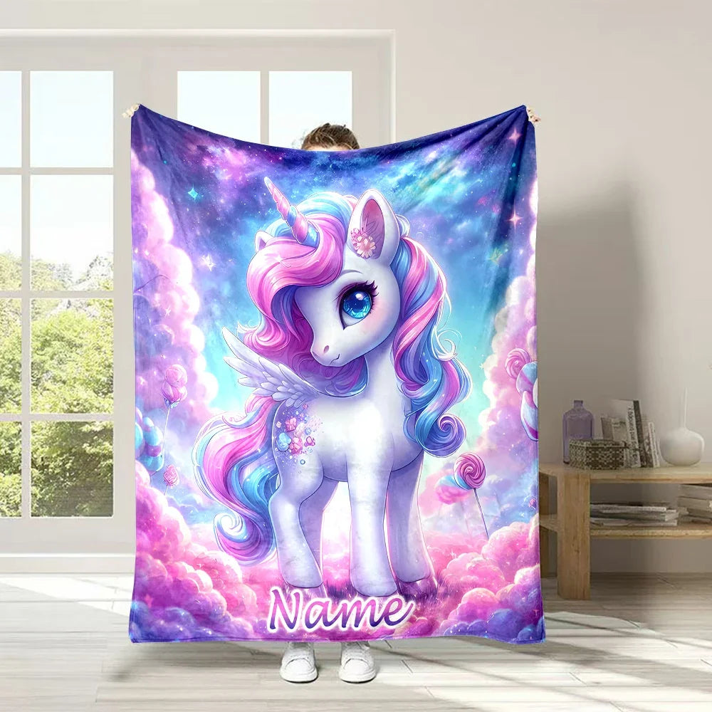 (Memo U Name) Customized Name Personalized Blanket Cartoon Unicorn Print Warm and Comfortable Blanket for Adults and Kids Gifts