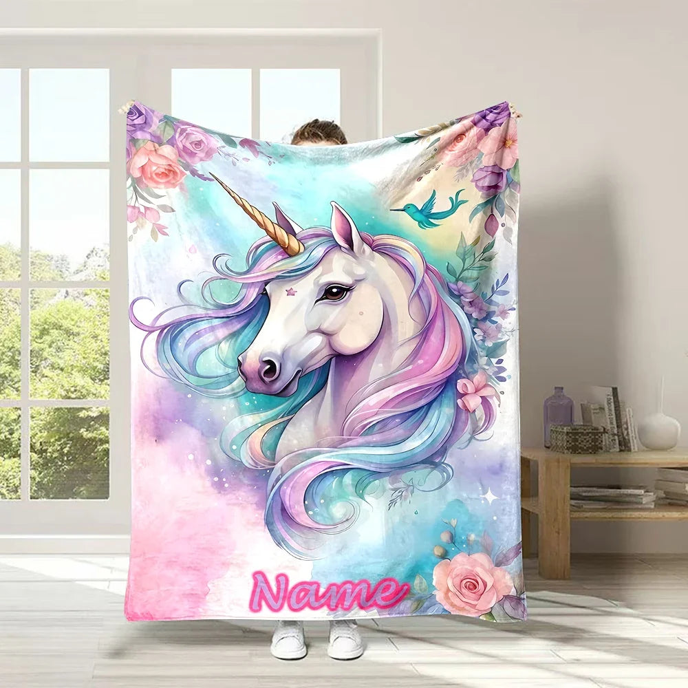 (Memo U Name) Customized Name Personalized Blanket Cartoon Unicorn Print Warm and Comfortable Blanket for Adults and Kids Gifts