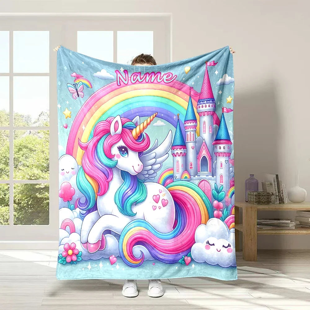 (Memo U Name) Customized Name Personalized Blanket Cartoon Unicorn Print Warm and Comfortable Blanket for Adults and Kids Gifts