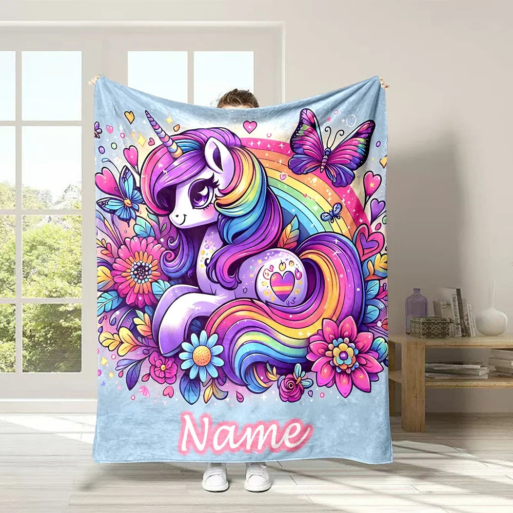 (Memo U Name) Customized Name Personalized Blanket Cartoon Unicorn Print Warm and Comfortable Blanket for Adults and Kids Gifts
